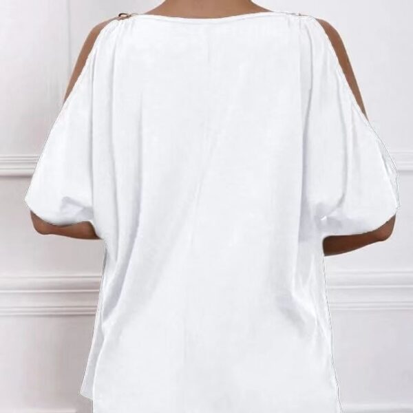 Ladies' Solid Color Cold Shoulder Hanging Neck O-ring Detail T-shirt - Image 2