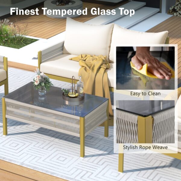 K&K 4-Piece Rope Patio Furniture Set, Outdoor Furniture With Tempered Glass Table, Patio Conversatio - Image 9