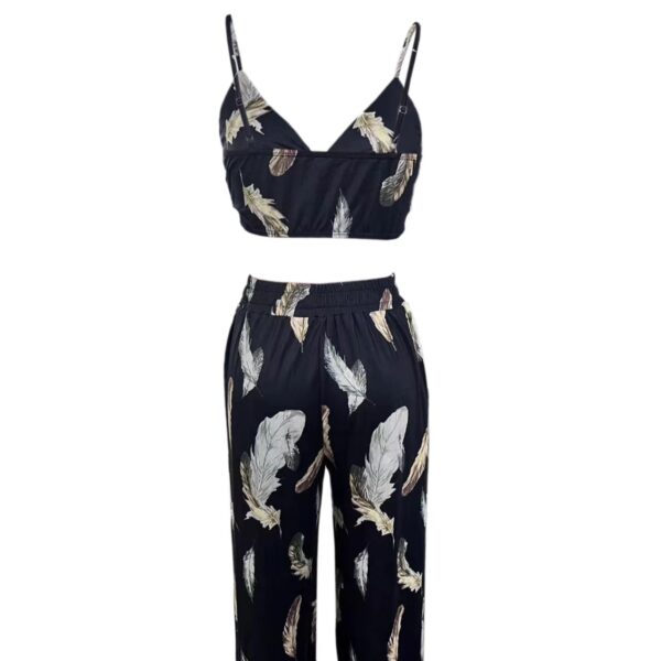 Ladies' High Waist Drawstring Feather Flower Printed Pants, Beach Pocket Pants, Sexy Top Set - Image 2