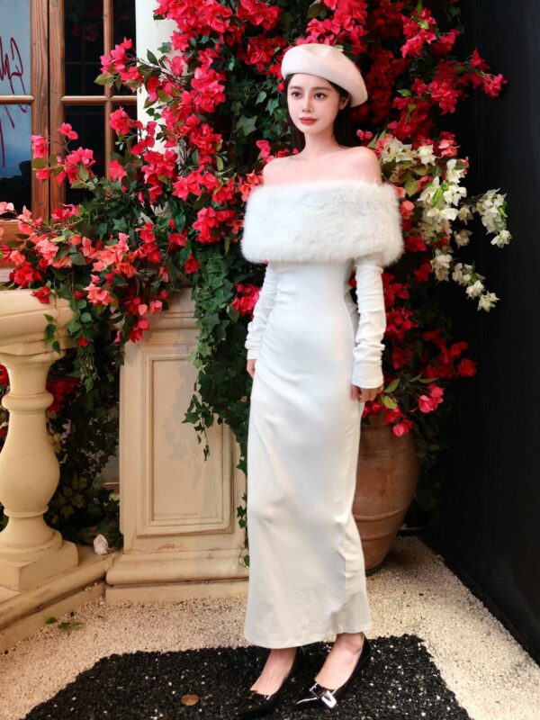 New Off-shoulder Shoulder-baring Tight Waist Sheath Long Sleeve Knitted Dress - Image 5