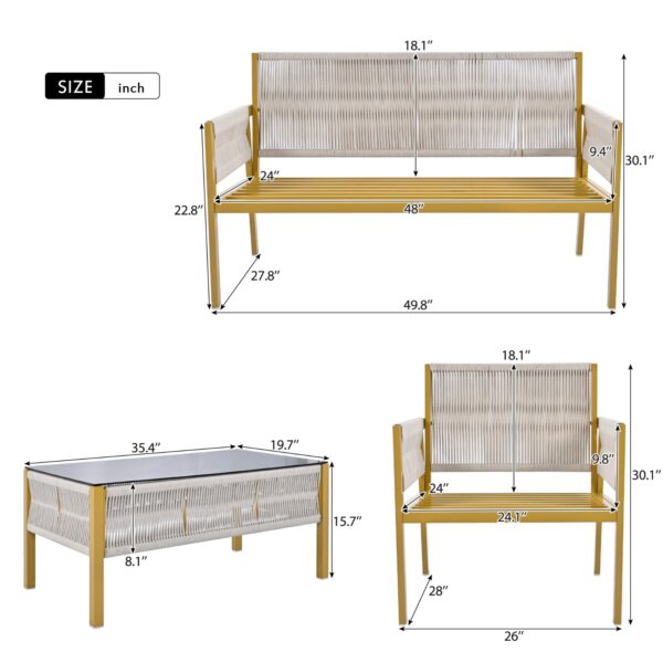 K&K 4-Piece Rope Patio Furniture Set, Outdoor Furniture With Tempered Glass Table, Patio Conversatio - Image 7