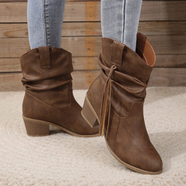 Retro Tassel Boots Winter Thick Square Heel Mid-calf Knight Western Boots Woman Fashion Shoes - Image 5