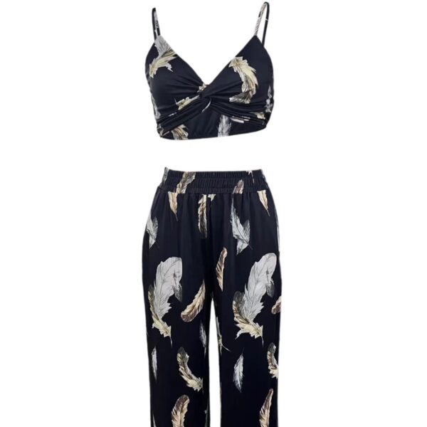 Ladies' High Waist Drawstring Feather Flower Printed Pants, Beach Pocket Pants, Sexy Top Set - Image 3
