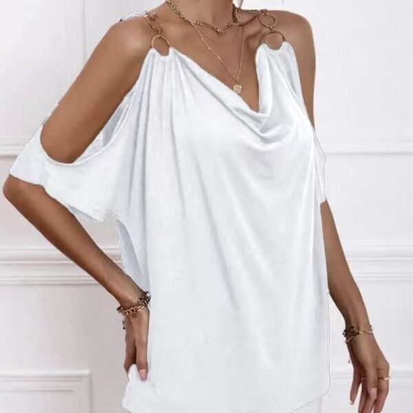 Ladies' Solid Color Cold Shoulder Hanging Neck O-ring Detail T-shirt - Image 3