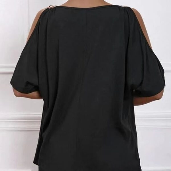 Women's Solid Color Cold Shoulder Hanging Collar O-ring Detail T-shirt Top - Image 2