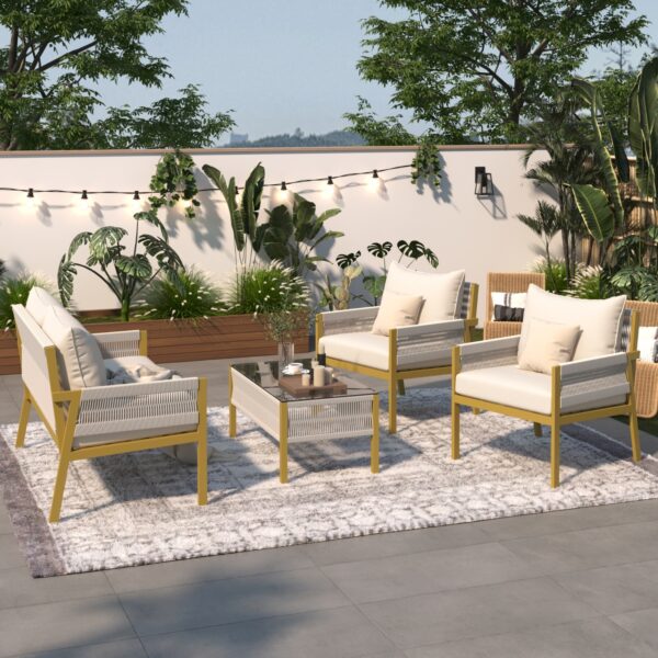 K&K 4-Piece Rope Patio Furniture Set, Outdoor Furniture With Tempered Glass Table, Patio Conversatio - Image 5