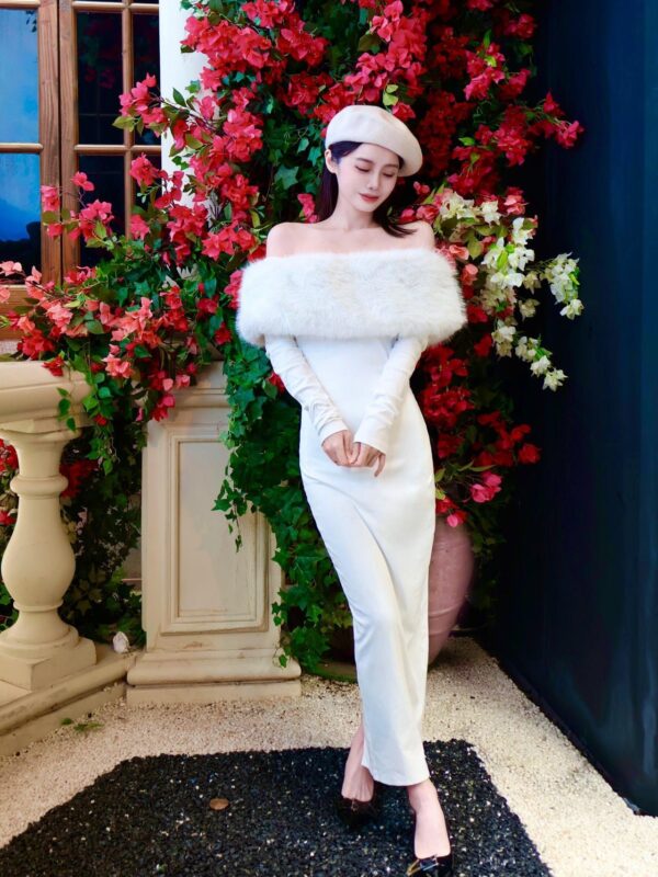 New Off-shoulder Shoulder-baring Tight Waist Sheath Long Sleeve Knitted Dress - Image 4