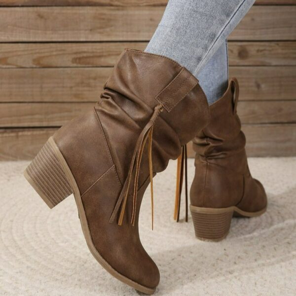 Retro Tassel Boots Winter Thick Square Heel Mid-calf Knight Western Boots Woman Fashion Shoes - Image 3