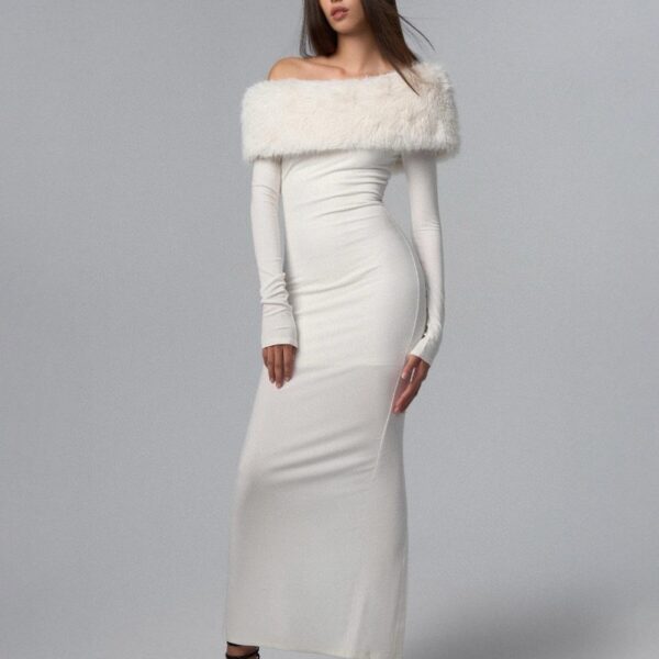 New Off-shoulder Shoulder-baring Tight Waist Sheath Long Sleeve Knitted Dress