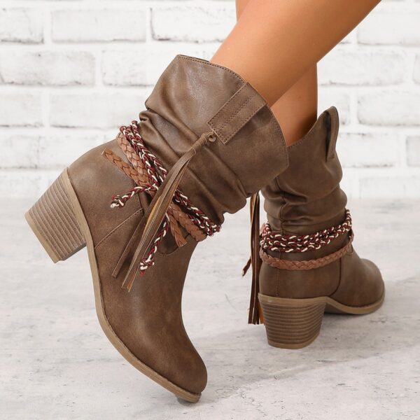 Retro Tassel Boots Winter Thick Square Heel Mid-calf Knight Western Boots Woman Fashion Shoes - Image 2