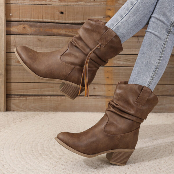 Retro Tassel Boots Winter Thick Square Heel Mid-calf Knight Western Boots Woman Fashion Shoes - Image 4