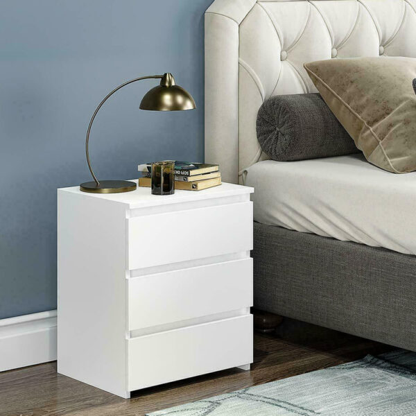 White Modern Bedside Table Cabinet Nightstand with 3 Storage Drawers Bedroom Furniture - Image 3
