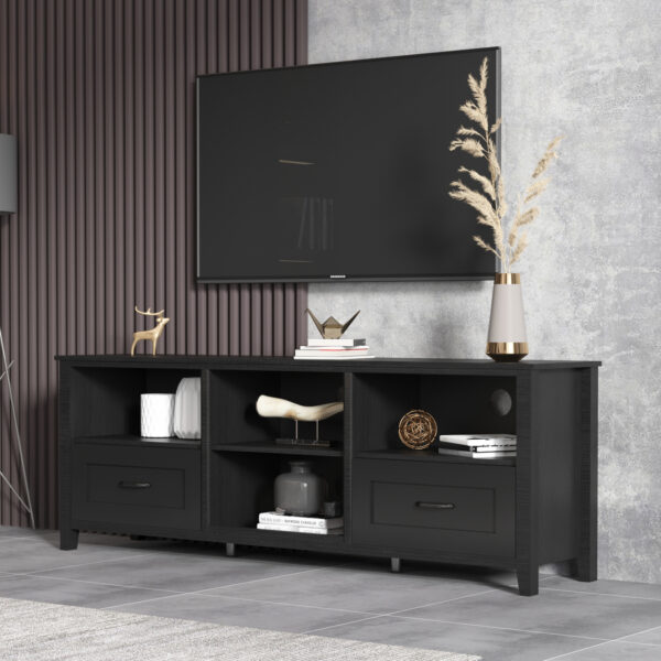 70.08Inch Length Furniture Black TV Stand for Living Room and Bedroom with 2 Drawers and 4 High Capacity Storage Compartment - Image 2