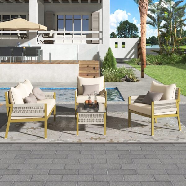 K&K 4-Piece Rope Patio Furniture Set, Outdoor Furniture With Tempered Glass Table, Patio Conversatio - Image 2