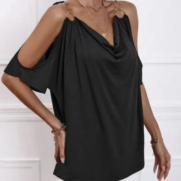 Women's Solid Color Cold Shoulder Hanging Collar O-ring Detail T-shirt Top - Image 3