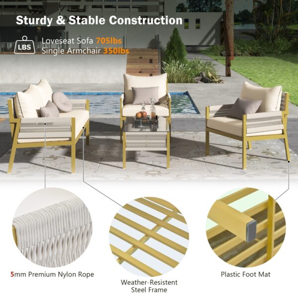 K&K 4-Piece Rope Patio Furniture Set, Outdoor Furniture With Tempered Glass Table, Patio Conversatio - Image 4
