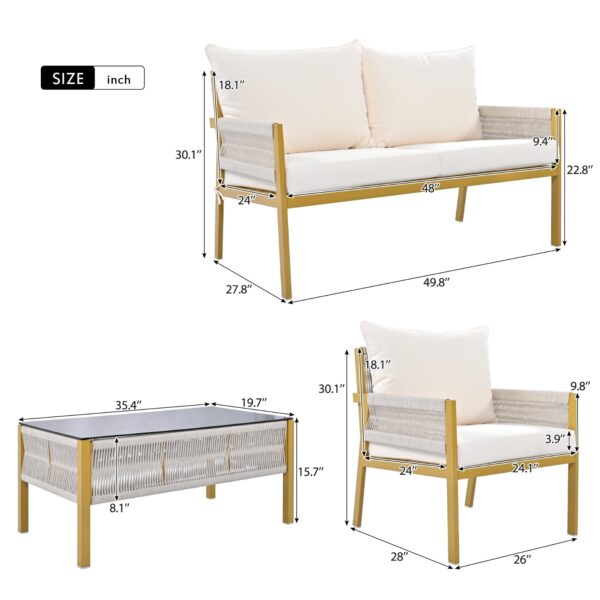 K&K 4-Piece Rope Patio Furniture Set, Outdoor Furniture With Tempered Glass Table, Patio Conversatio - Image 6